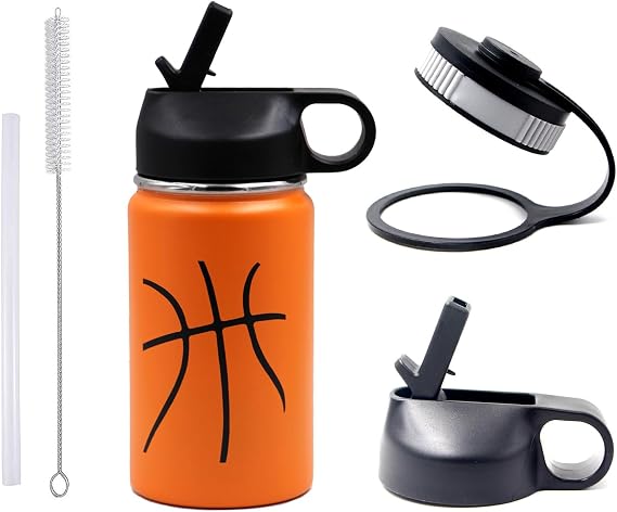 12 oz Basketball Water Bottle, Stainless Steel Vacuum Insulated Water Bottle with Straw and 2 Lids, Wide Mouth BPA Free Double Wall Leak Proof Flask for Sports, Travel, Gym, School