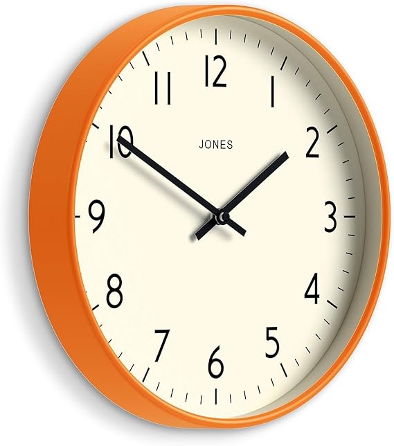 JONES CLOCKS Studio Clock | Modern Round wall Clock | 12" | Orange