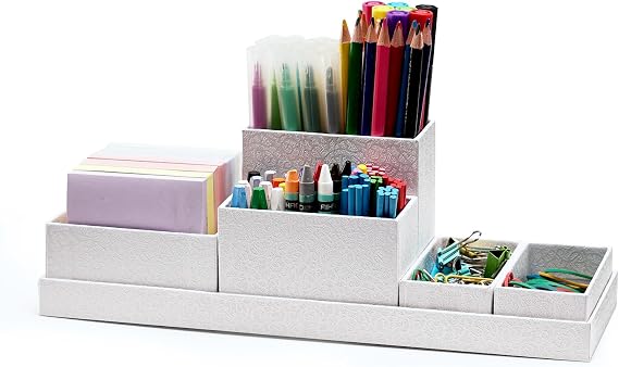 Desk Organizer,Office Desk Accessories,Paperboard Desktop Organizer with Pen Pencil Holder and Sticky Note Tray,Paperclip Storage, L11.8 White