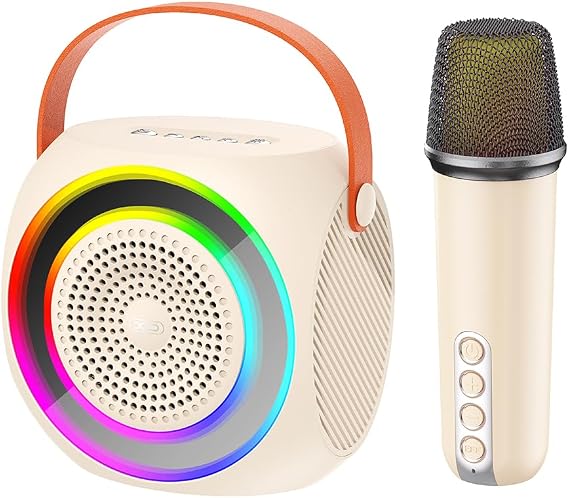 XO Kablosuz Bluetooth Hoparlör ve Karaoke Mikrofon F42 – 10W Güç, RGB Işıklı, TF Kart & USB Destekli, Taşınabilir Ses Sistemi-(11,2 * 7,8 * 11,3CM)-Bej