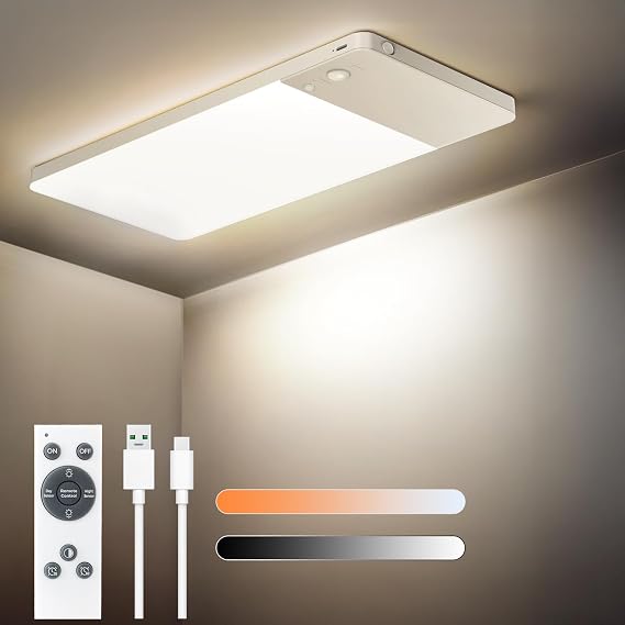 SNADER Rechargeable Motion Sensor Ceiling Light with Remote -12000mAh Battery Operated Ceiling Light Wireless - Motion Sensor Light Indoor for Closet, Bathroom, Garage, Stair, Hallway (1, 3 Colors)