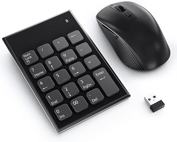 Wireless Number Pad and Mouse Combo, 19 Key USB Keypad and 3 Adjustable DPI Silent Mouse, 2.4GHz Ultra Slim Keypad for Laptop, PC, Desktop, Notebook One USB Receiver, Portable and Lightweight