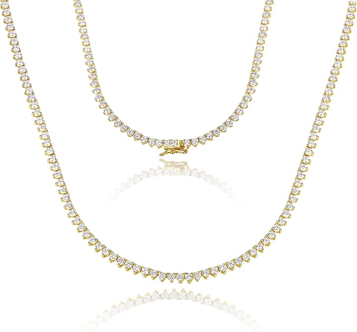 Gemsme 2mm Tennis Necklaces for Women/Men - 18K Yellow/White Gold Plated 3 Pong Setting Round Cubic Zirconia Classic Diamond Tennis Chain, Ladies Tennis Necklace Size 16-22 inch