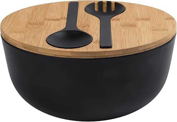 LOVYANXUE Bamboo Fiber Salad Bowl with Servers Set Large 9.8 inches Nature Bamboo Mixing Bowl with Servers with Lid Spoon and Fork for Fruits,Salads and Vegetables