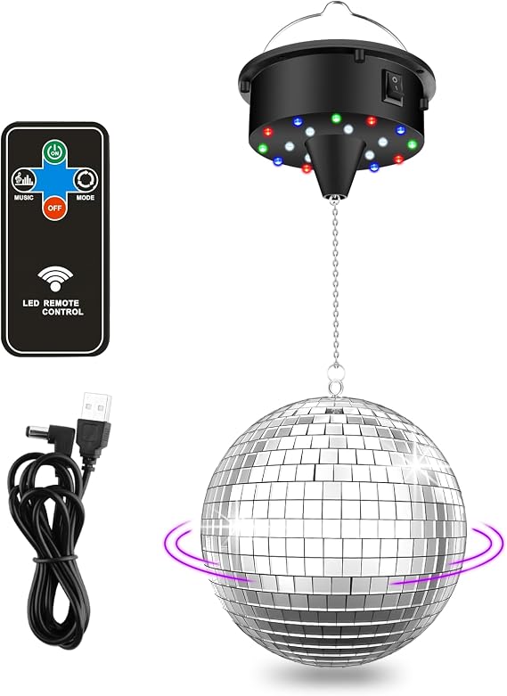 Disco Ball with Motor and Light - 10 RPM Rotating Disco Motor 6 Inch Mirror Ball with 18 LED Beads 4 Color Lights, Remote Control, 16ft Detachable Power, for Party Decor, Nightclub, Bars