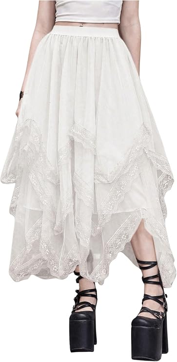 SHENHE Women's Lace Trim Layered Mesh Tulle Skirt Asymmetrical Goth Skirt