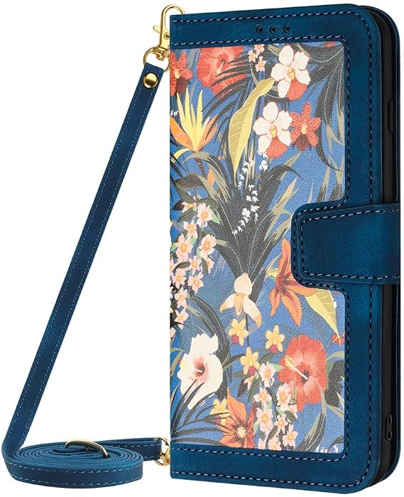 Compatible with iPhone 14, PU Leather Wallet Phone Crossbody Flip Case with Credit Card Holder and Shoulder Wrist Strap Magnetic Kickstand Shockproof Cover (Dark Blue Flowers)