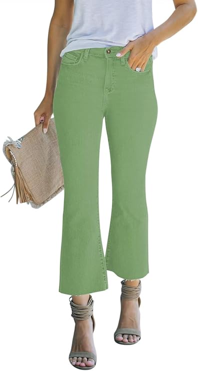 Women's Crop Flare Jeans for Women Cropped Bell Bottom Jeans for Women with Live Hem,Light Green