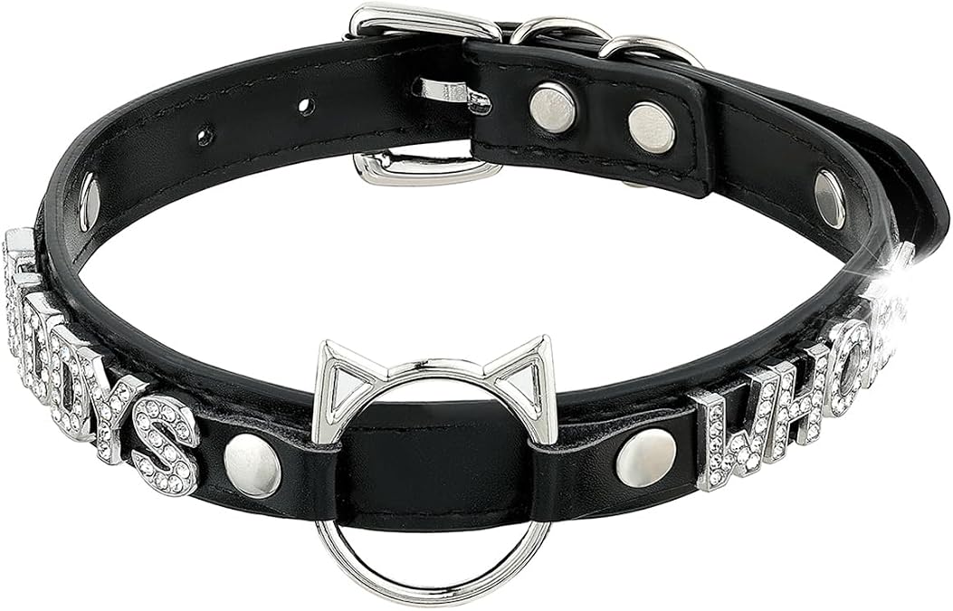 Black Cat O-ring Vegan Leather Collar For Women, Adjusted to 13.5"-18"