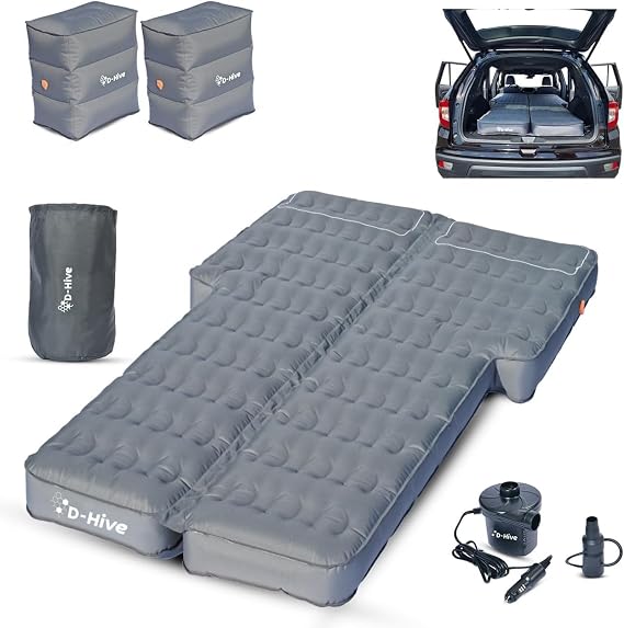 D-Hive Shortened Length - Unbeatable Durability SUV Air Mattress for Car Camping, Durable Extra Thick 300D Oxford Fabric, Quick Easy Set-Up w/Electric Pump, Car Mattress with Base Extenders 180cm