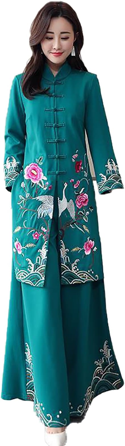 Women's Chinese Long Cheongsam Dress 2pcs Chinese Traditional Clothes Vintage Tops+Pants Set Comfortable Embroidery Tang Suit Classic Beauty Clothes,Green,LChest:92cm