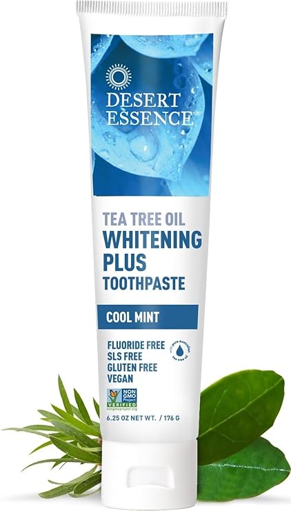 Desert Essence Tea Tree Oil Whitening Plus Toothpaste, 6.25 oz | Cool mint formula with baking soda, bamboo stem fiber and zinc citrate; fluoride-free, vegan and SLS-free