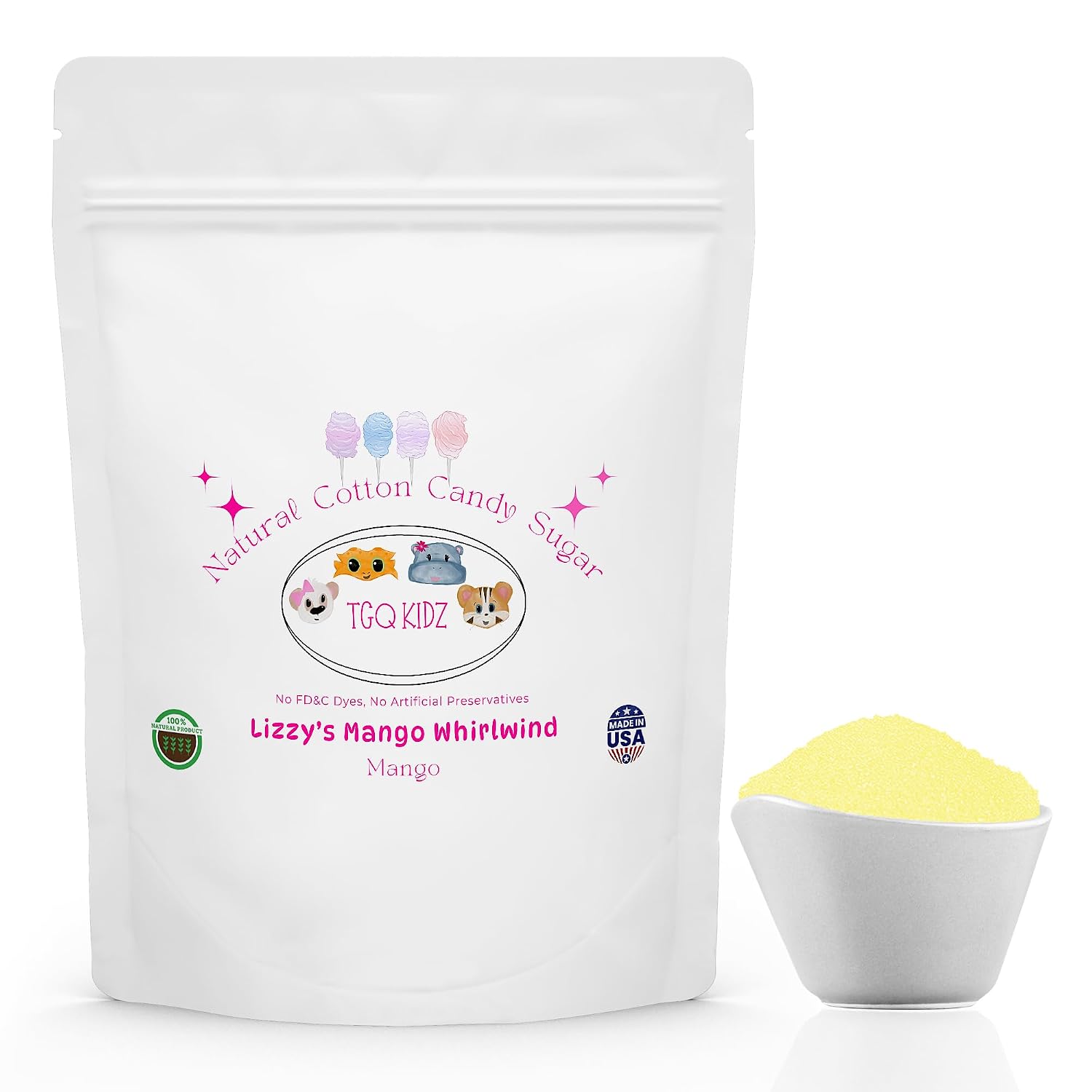 Tigey, Lizzy, Hippie & Pandee Organic Cotton Candy Sugar - Dye-Free, All Natural, Nostalgic Treat Made with Natural Ingredients - Non-Toxic, No Artificial Colors - Perfect for Kids & Parties 8 OUNCE BAG, Lizzys Mango Whirlwind - Mango