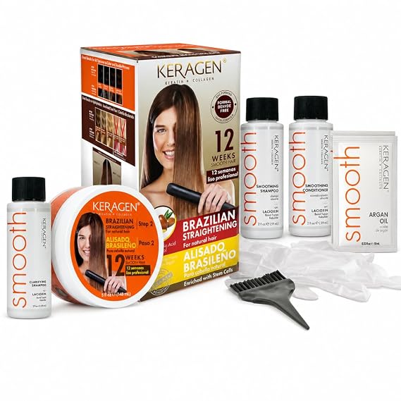 KERAGEN Brazilian Straightening Kit for Natural Hair At-Home Hair Smoothing Treatment & Frizz Control | Formaldehyde-Free Formula with Argan Oil & Hyaluronic Acid | All-in-One Kit