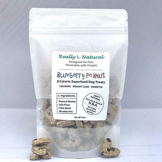 5 Calorie Superfood Dog Treats, All Natural, No Added Sugar, Non-Allergenic, Sourced & Made in USA: Blueberry Peanut (One 8 oz Bag, About 65 Treats)