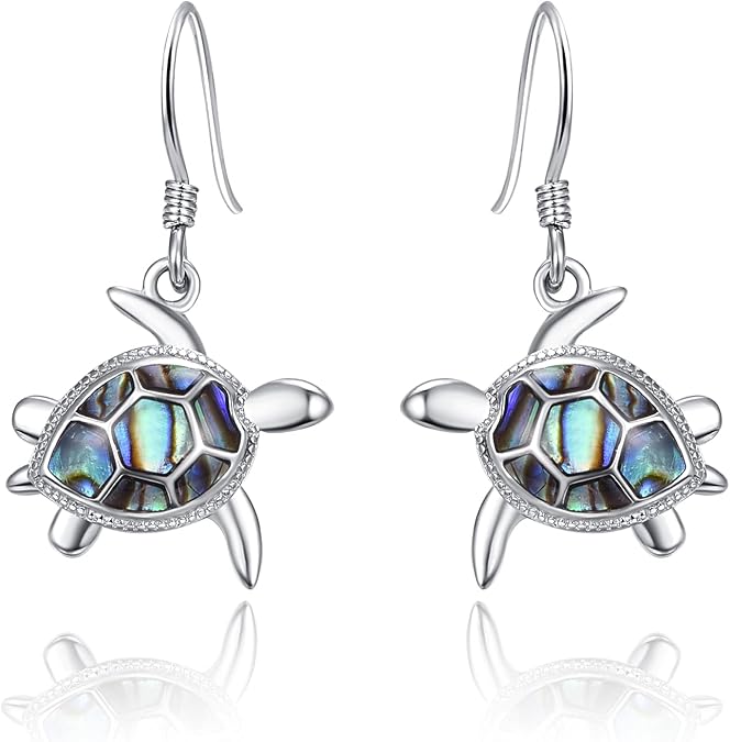 PRAYMOS Sea Turtle Earrings for Women Abalone Shell 925 Sterling Silver Dangle Earrings Hypoallergenic Drop Animal Ocean Jewelry Turtle Gift