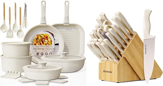 Astercook 23 Pcs Pots and Pans Set Non Stick and 22-Piece Kitchen Knife Set with Block and Sharpener