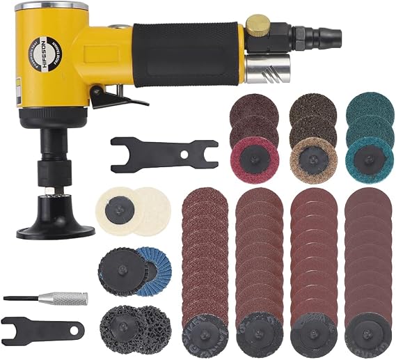 Pneumatic Mini Orbital Sander 2 inch Grinder Polisher Kit, 2-in-1 Air Right Angle Grinder Polisher Kit with 55pcs Roll Lock Discs,Use For Metal & Woodworking