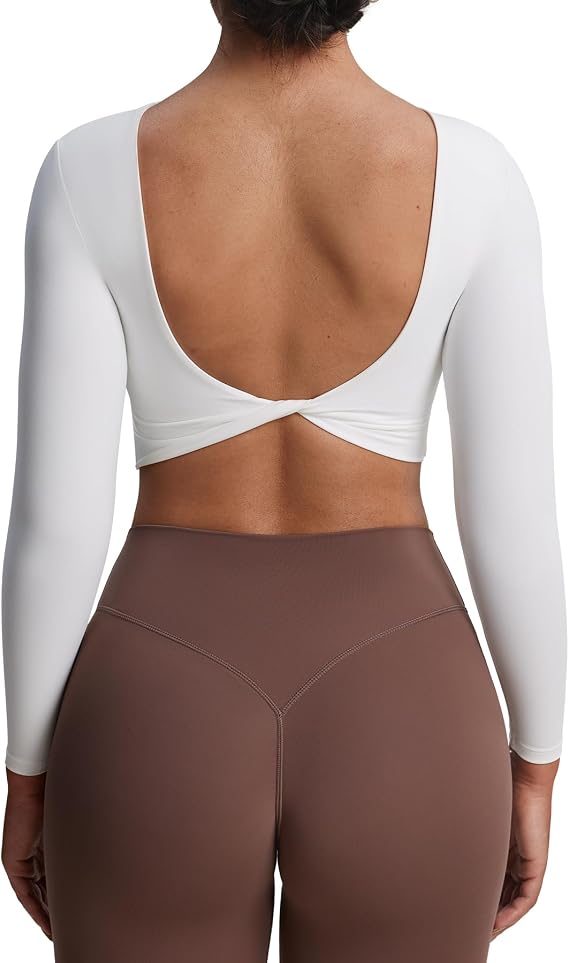 Aoxjox Women's Emma Long Sleeve Crop Tops | workout cropped top,twist-back,removable pads,buttery soft fabric,open backless,yoga,layering,everyday wear