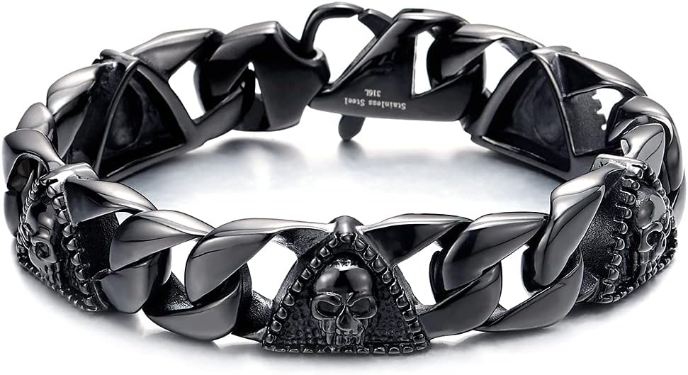 Mens Steel Curb Chain Bracelet with Skull and Dotted Triangle Charms, Biker Gothic, Vintage Polished
