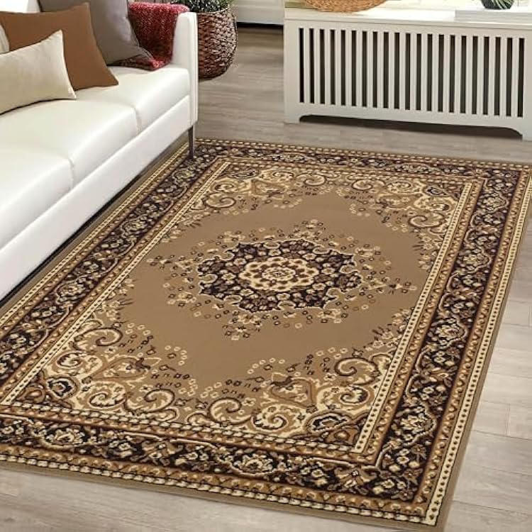 Superior Indoor Large Area Rug with Jute Backing, Floor Decor for Bedroom, Farmhouse, Kitchen, Office, Living Room, Woven Rugs, Elegant Medallion Border, Leopold Collection, 6 x 9, Brown