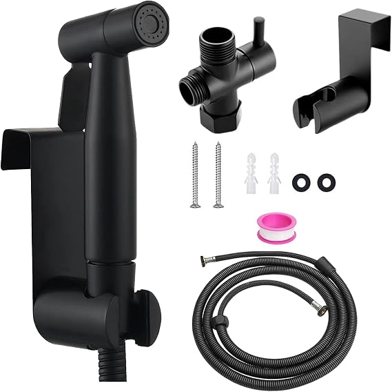 Handheld Bidet Sprayer Toilet Kit, Stainless Steel Bidet Sprayer with 7/8 T Valve, 1.5M Hose and Bracket Holder for Pet Wash, Feminine Wash Others Wash (Black)