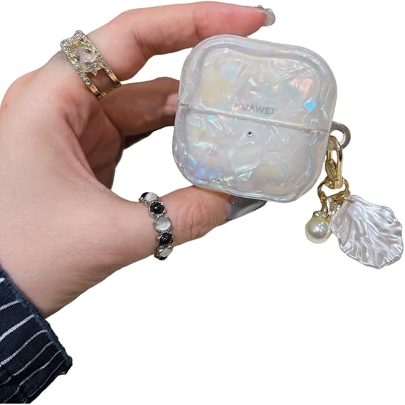for Huawei FreeClip 2 Case, Pearl Shell Pattern Protective Cover with Pearl Pendant, Shockproof TPU for FreeClip 2 Earbuds Charging Case