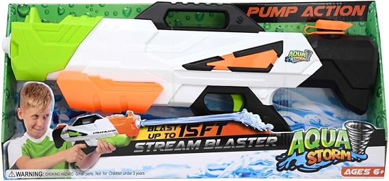 Aqua Storm Pump Action Water Blaster - White, Green, Black and Orange Stream Blaster Water Gun for Adults and Kids - Great Water Gun, Shooting Water Battle, Pool Parties and Games