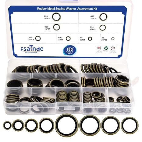 150Pcs Metal Bonded Seal Washer Assortment Kit Bonded Washer 8 Sizes M6, M8, M10, M12, M14, M16, M18, M20