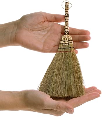 Tiny Size 11 inch Short of Asian Whisk Broom Thai Natural Straw Broom with Embroidery Nylon Thread Handle with Nylon Hanger