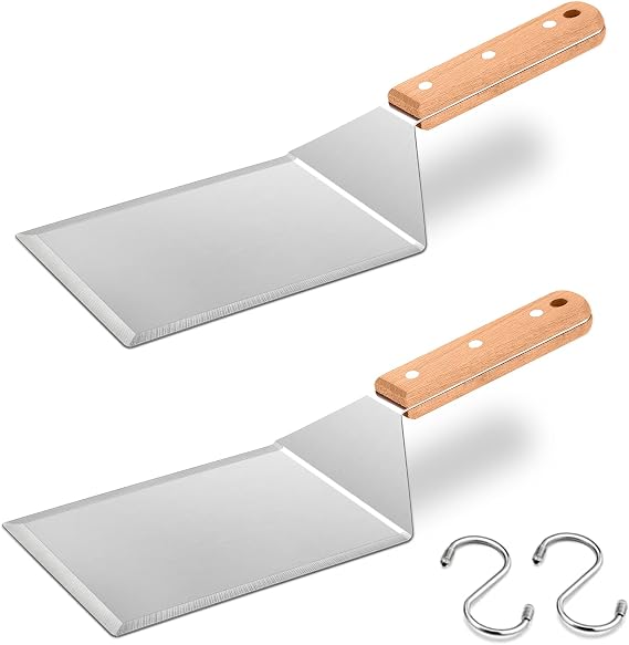 HaSteeL Metal Spatula Set, Large Griddle Spatula Tools for Flat Top BBQ | Stainless Steel Hamburger Turner Pancake Flipper for Teppanyaki Cooking, Dishwasher Safe, Wooden Handles, 2 Hooks