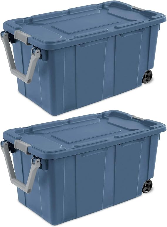 40 Gallon Wheeled Industrial Storage Totes 2 Pack, Blue Rugged Plastic Bins with Latching Lids for Garage, Warehouse & Heavy-Duty Organization