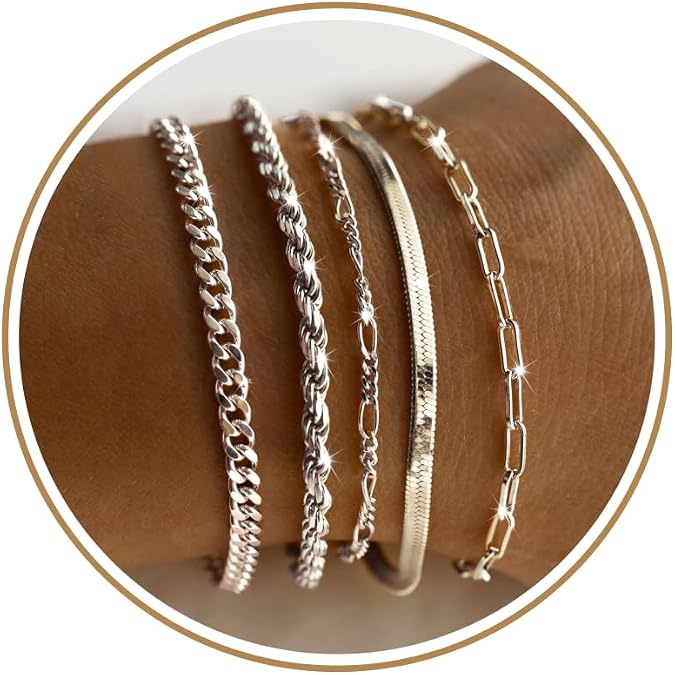 Dearmay Gold Bracelets for Women Waterproof, 14K Gold Plated Minimalist Bracelets Stack Non Tarnish Trendy Dainty Herringbone Vintage Cuban Paperclip Rope Thin Box Link Chain Stackable Jewelry Sets Modern Fashion Accessories Gifts for Womens