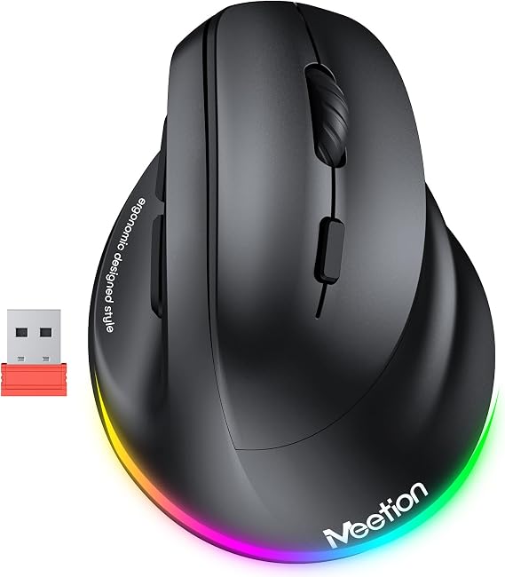 MEETION Ergonomik fare, kablosuz dikey fare RGB arkadan aydınlatmalı şarj edilebilir fare, Bluetooth(5.2 + 3.0) ve USB-A USB-C adaptörlü 4 ayarlanabilir DPI, Mac/Windows/Andriod/PC/Tablet/iPad için