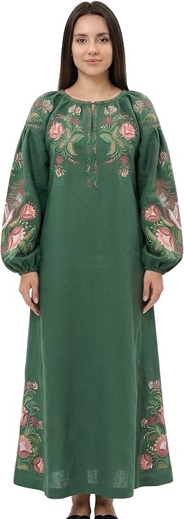 Ukrainian Vyshyvanka Dress | Floral Embroidered Bohemian Summer Dress | Long Green Linen Boho Dress