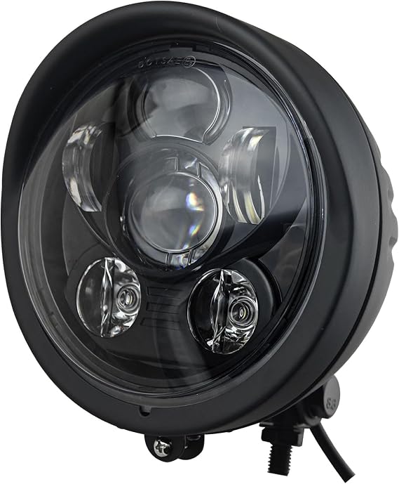Motorcycle 5.75" LED Headlight,Vintage 5-3/4 Inch Head-Light with Visor Trim, Custom Heavy Duty Steel Housing Lamp Clear Lens - Universal Fit For Harley Chopper Bobber Mini Bike - Black