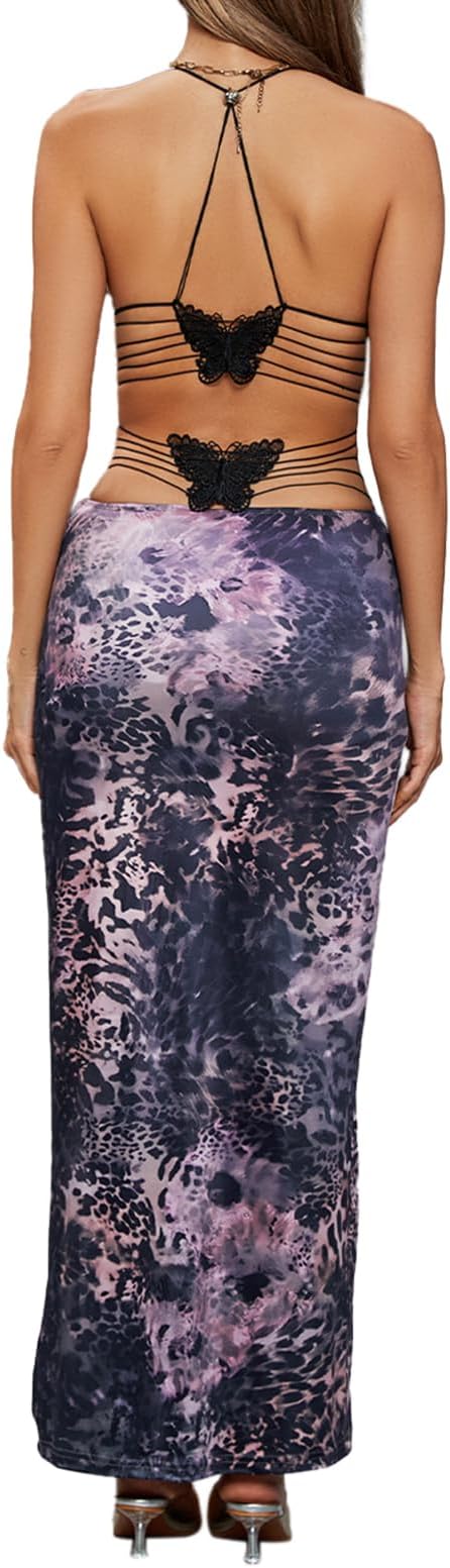 ABYOVRT Women Backless Butterfly Dress Sexy V Neck Sleeveless Open Back Maxi Dress Party Cocktail Bodycon Long Dress