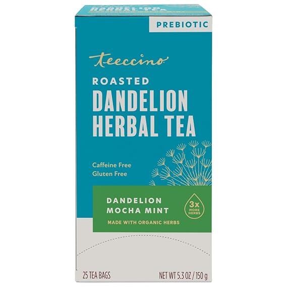Teeccino Dandelion Mocha Mint Tea - Caffeine Free, Roasted Herbal Tea with Prebiotics, 3x More Herbs than Regular Tea Bags, Gluten Free - 25 Tea Bags