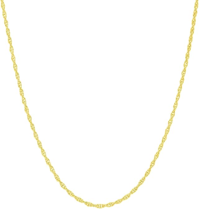 Italian Fashions 14K, 10K Yellow or White or Rose Solid Gold Italian Diamond Cut 0.8 mm-1.2 mm Rope and Mirror Cable Chain Necklace Thin & Strong gold chain Thin And Lightweight MADE IN ITALY