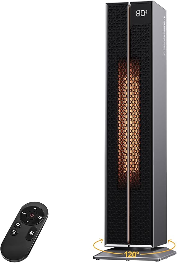 Electric Heaters for Indoor Use, 32 Space Heater Large Room with Remote, 120 Oscillation, 5 Heat Levels, 3 Modes, Multiple Safety Protections, 1500W Ceramic Tower Heater for Bedroom, Silver