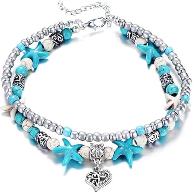 Starfish Shell Anklet for Women Adjustable Conch Anklet Turquoise Ankle Bracelets for Women Beach Pearl Foot Charm Chain Boho Jewerly for Summer Beach Party