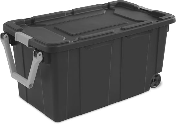 40 Gallon Wheeled Industrial Tote, Rugged Plastic Storage Bin, Latch Lid, Dark Gray