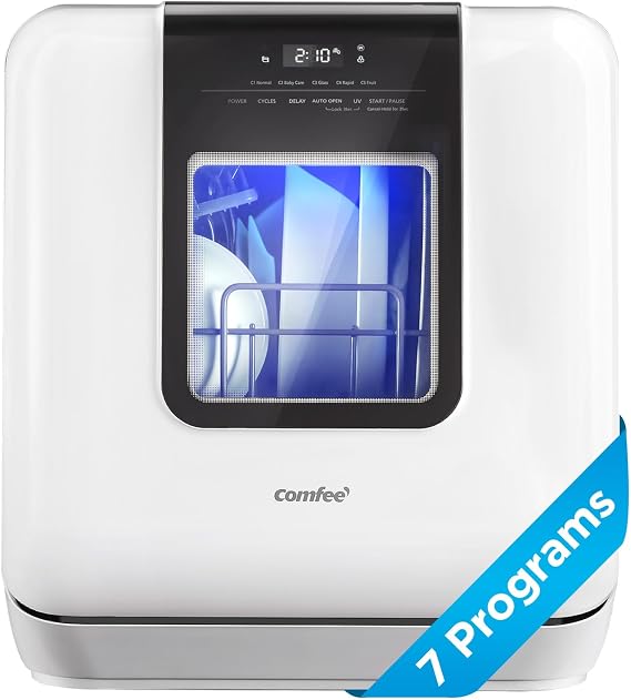 COMFEE' Countertop Dishwasher, Portable Dishwasher with 6L Built-in Water Tank, Mini Dishwasher with More Space Inside, 7 Programs, UV Hygiene& Auto Door Open, for Apartments, Dorms& RVs, White