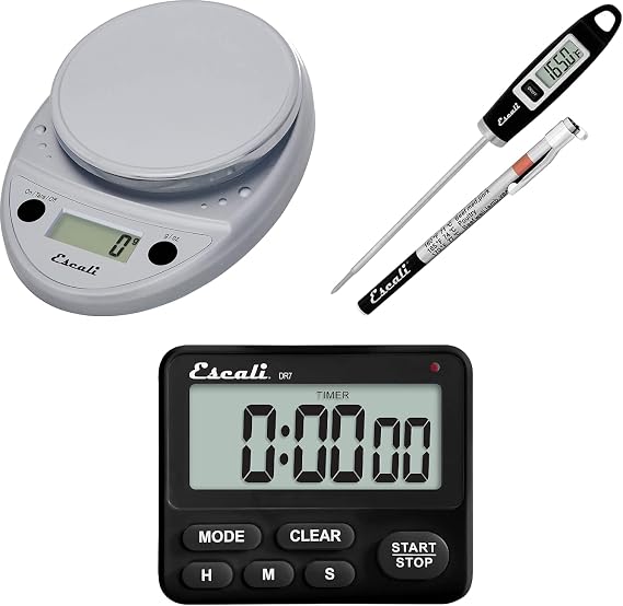 Escali Primo Bakers Bundle - P115C Digital Kitchen Scale, Chrome, 11 Pound Capacity, DH1 Digital Thermometer, Black, and DR7 Digital Timer for Cooking and Baking