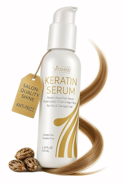 VITAMINS hair cosmetics Keratin Serum with Biotin, Castor Oil & Collagen | Anti-Frizz Heat Protectant, Leave-In Shine Treatment for All Hair Types, Dry, Damaged, Color-Treated, Normal Hair, 4.25 Fl Oz