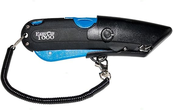 Auto Retractable Safety Cutter Utility Knife Easy Cut 1000 Dual Side Blade Edge Hand Tool w/Holster Lanyard for Warehouse Retail Home Craft