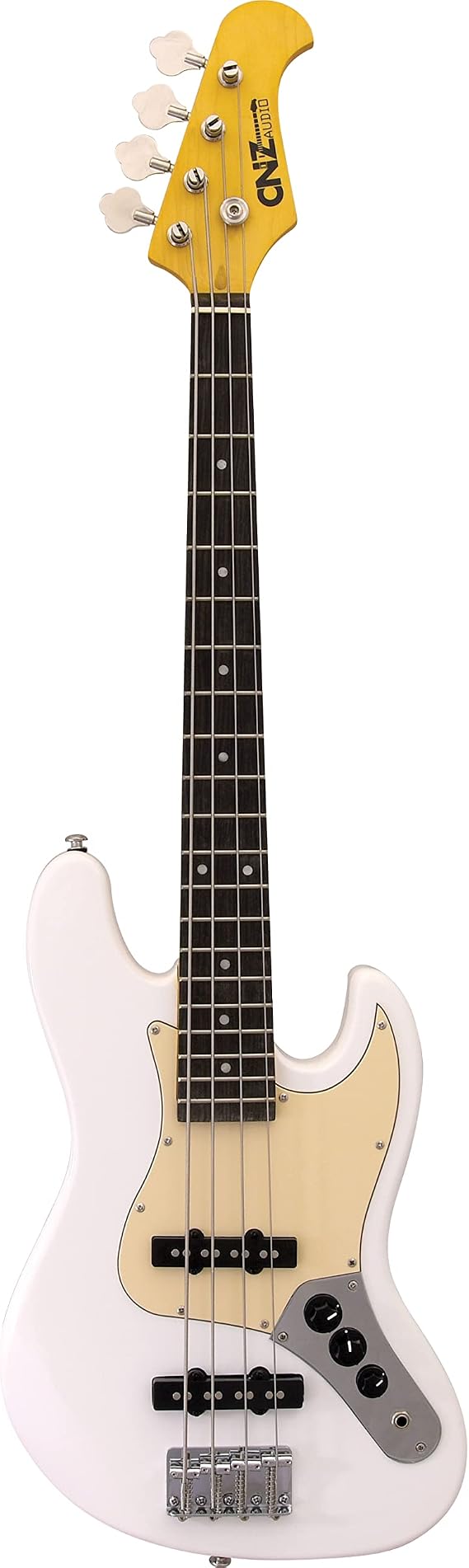 JB Mini Electric Bass Guitar - White Body, Maple Neck, Rosewood Fingerboard & 3-Ply Ivory Pickguard, 28.6" Short Scale Premium Pickups, Vintage Steel Bridge & Tuners - Pure Awesomeness