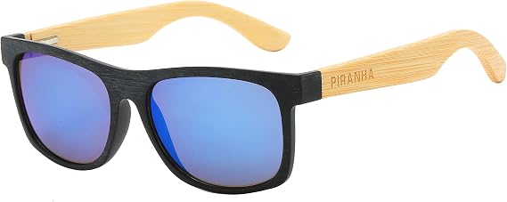 Piranha Klaus Black Frame Sunglasses w/Bamboo Temples, Blue Mirror Lens