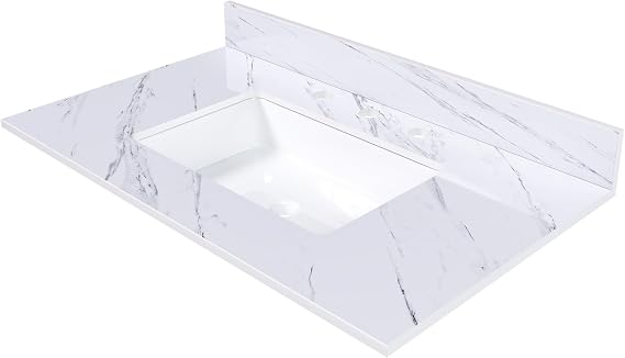 Sintered Stone Bathroom Console Countertop Featuring Integrated Rectangular Undermount Sink and Elevated Splash Guard, Scratch-Resistant High-Gloss Slab Surface (3 Faucet Hole,37 x 22IN)