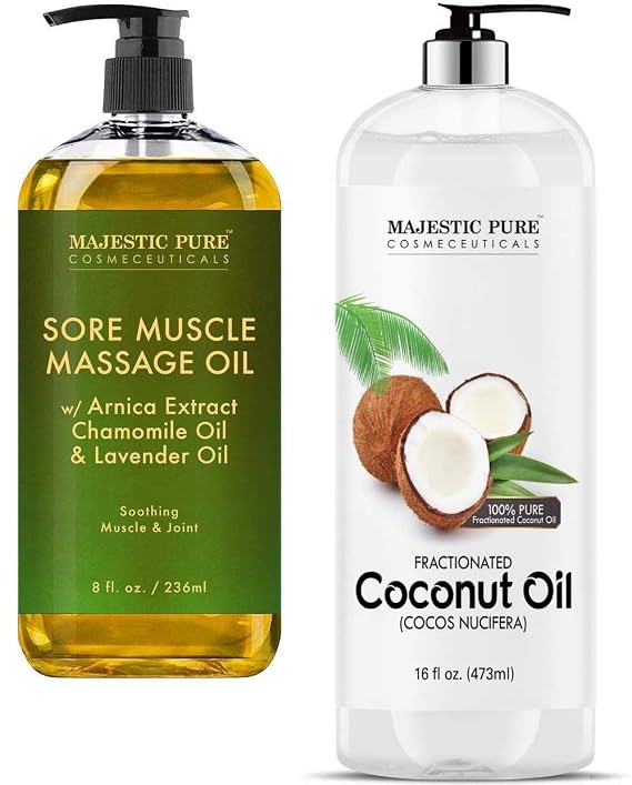 Majestic Pure Sore Muscle Massage Oil and Fractionated Coconut Oil Bundle Sore Muscle Massage Oil 8 fl oz, Fractionated Coconut Oil 16 fl oz